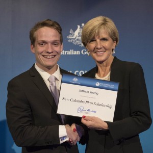 Jotham Young, being presented with his 2015 New Colombo Plan scholarship by Hon Julie Bishop MP